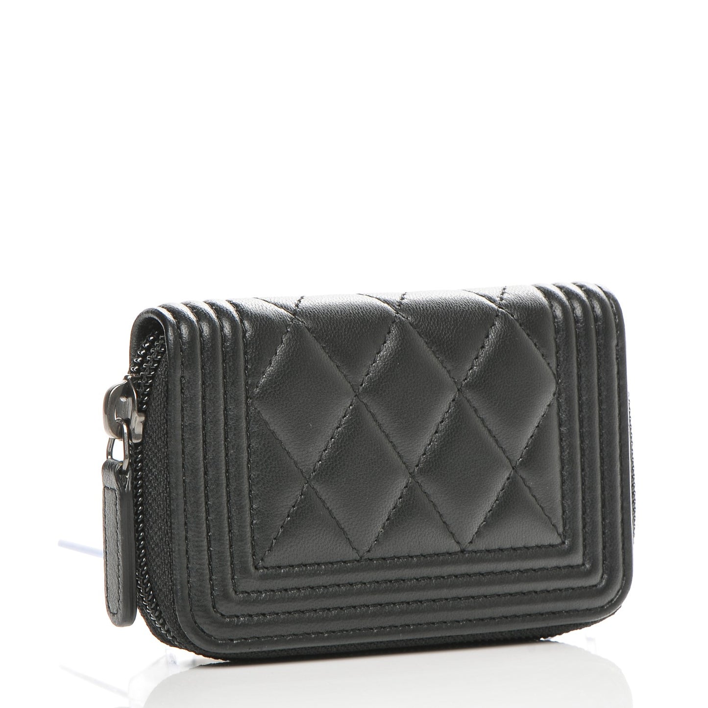 Lambskin Quilted Zip Around Boy Coin Purse Wallet Black