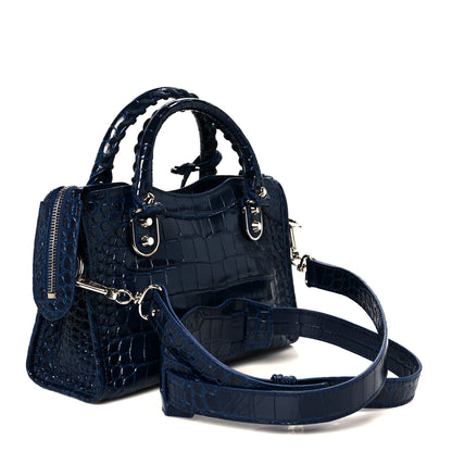 Balenciaga Shiny Supple Calfskin Crocodile Embossed Silver Metallic Edge Hardware Mini City Navy 4 of 11