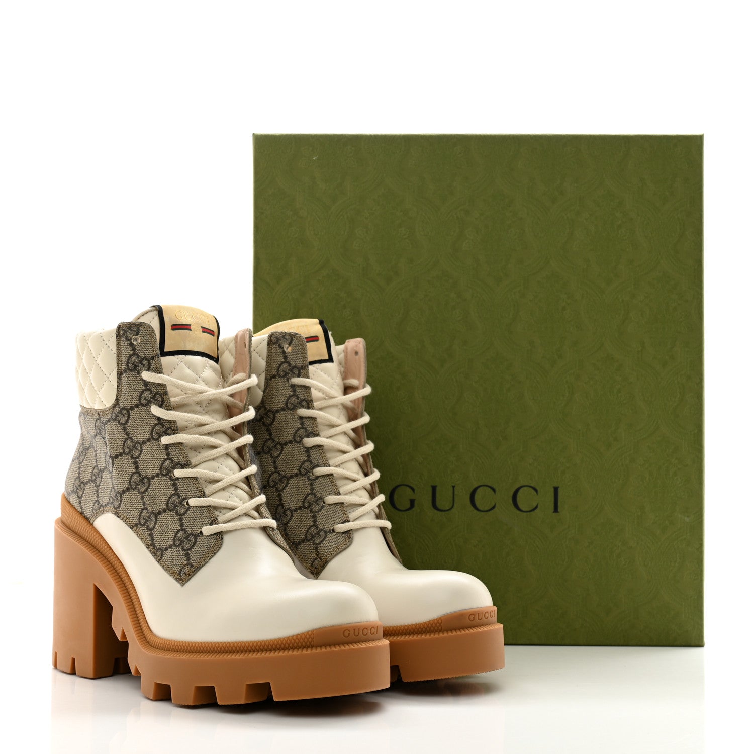 Gucci Calfskin GG Supreme Monogram Nappa Quilted Lace Up Ankle Boots 40.5 Mystic White Beige 10 of 10