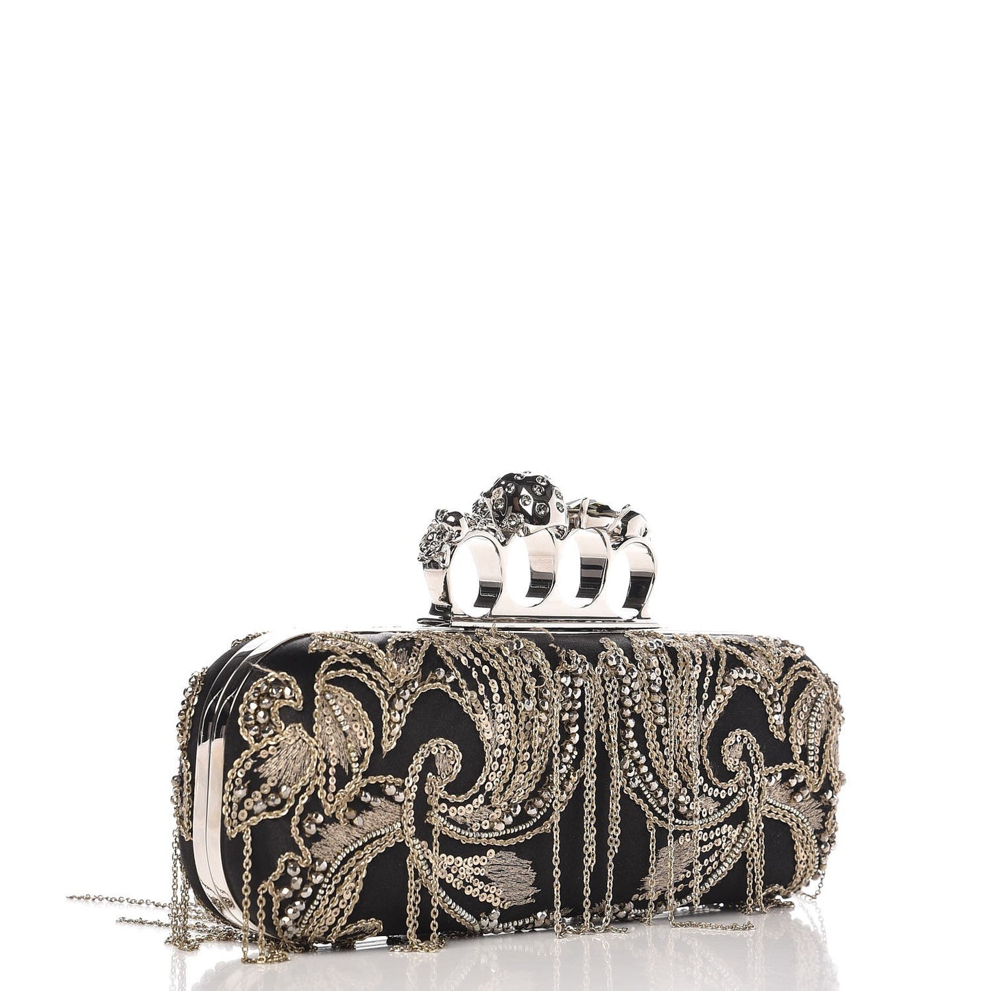 Silk Chain Skull Knuckle Box Clutch Black