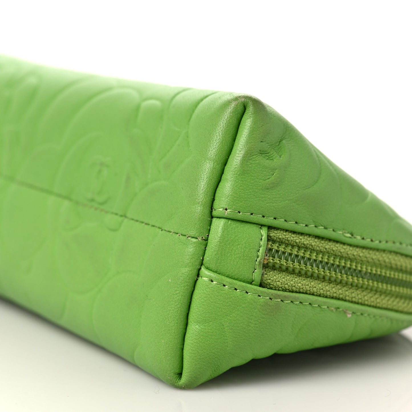 Lambskin Camellia Embossed Cosmetic Case Green