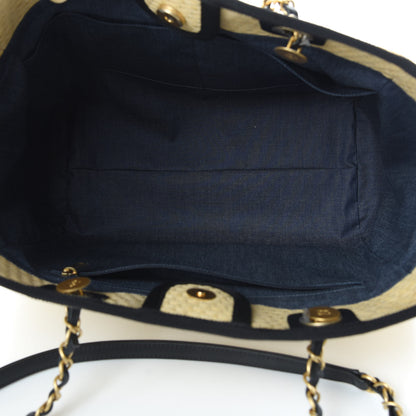 Chanel Straw Raffia Calfskin Chain Small Deauville Tote Beige Black 5 of 10