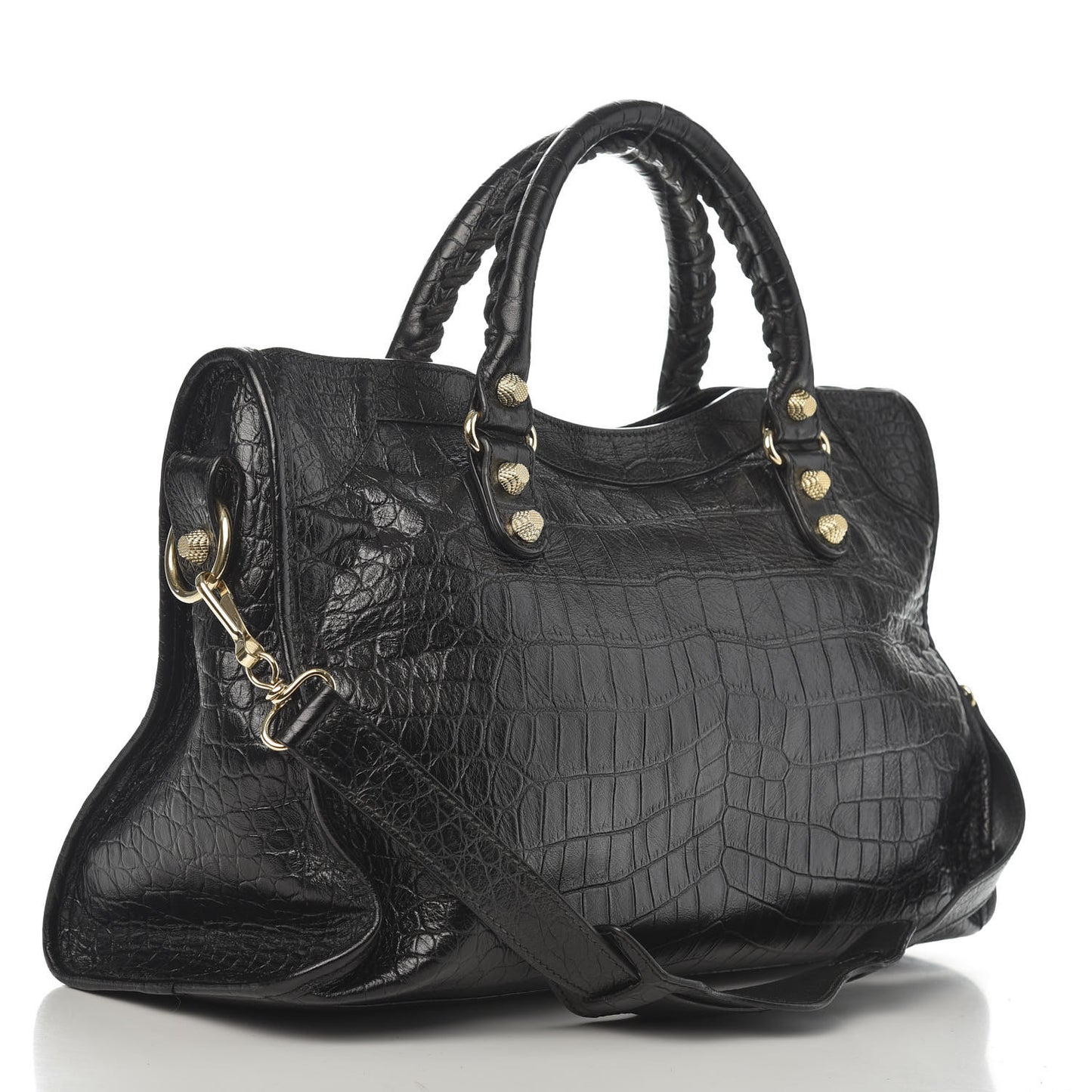 Calfskin Crocodile Embossed Giant 12 Gold Hardware City Black