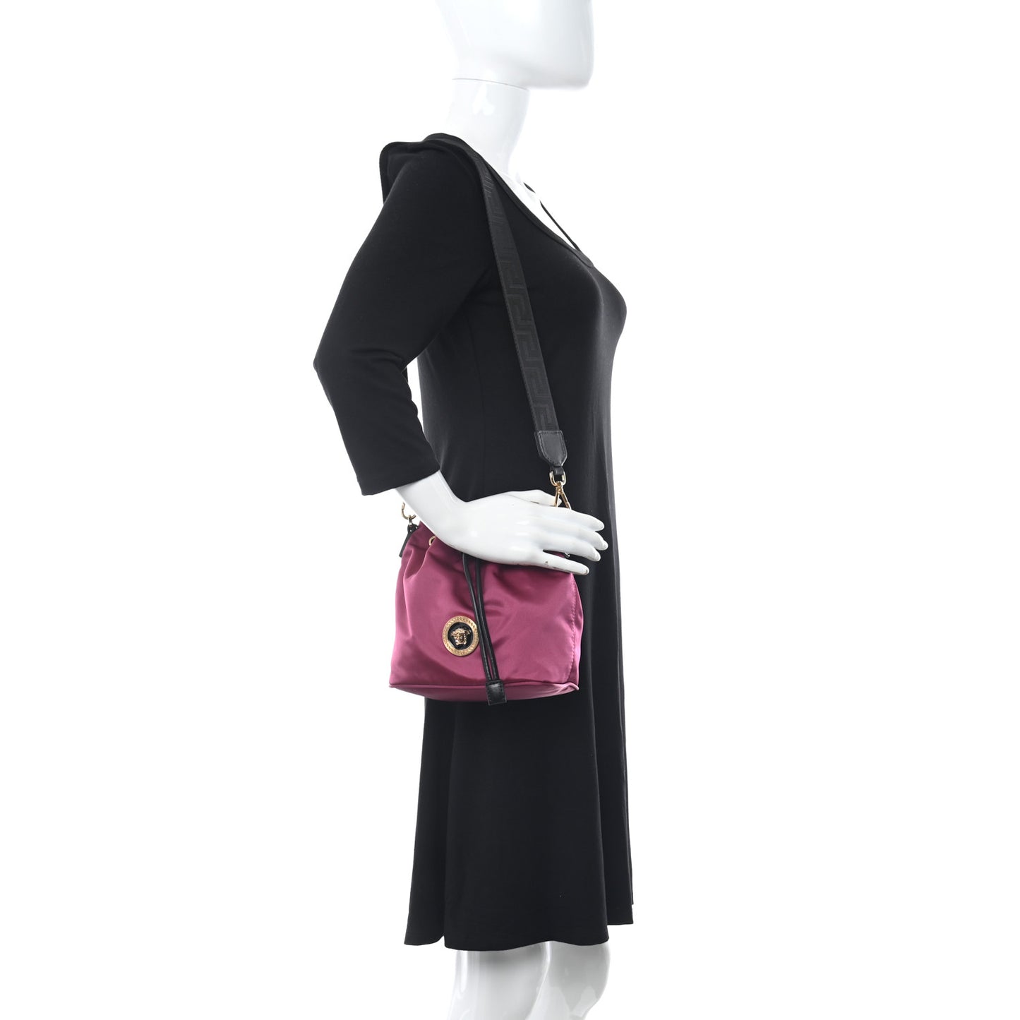 Nylon Medusa Drawstring Bucket Bag Dahlia Black