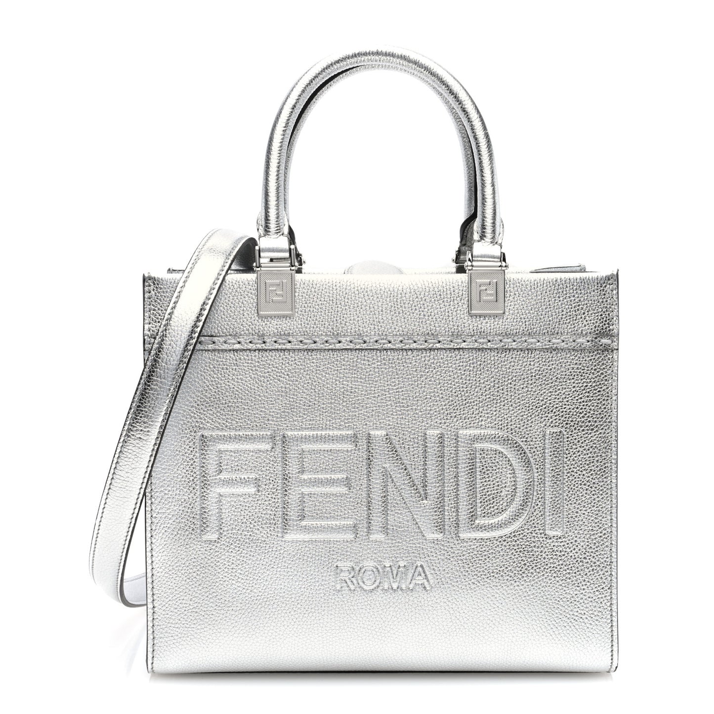Metallic Calfskin Logo Embossed Small Fendi Sunshine Shopper Tote Argento
