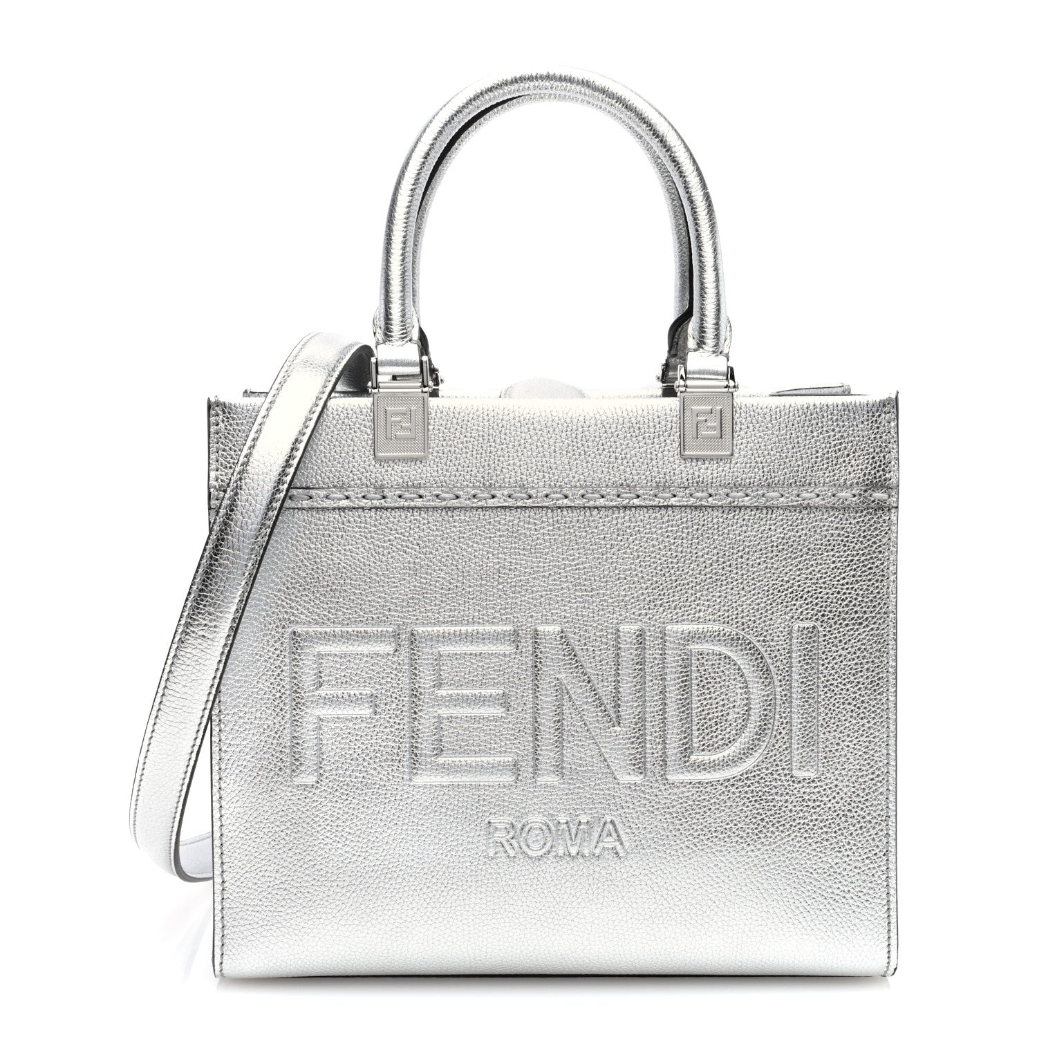 Fendi Metallic Calfskin Logo Embossed Small Fendi Sunshine Shopper Tote Argento 1 of 9