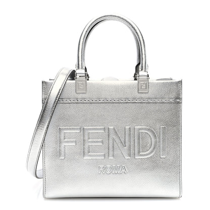 Fendi Metallic Calfskin Logo Embossed Small Fendi Sunshine Shopper Tote Argento 1 of 9