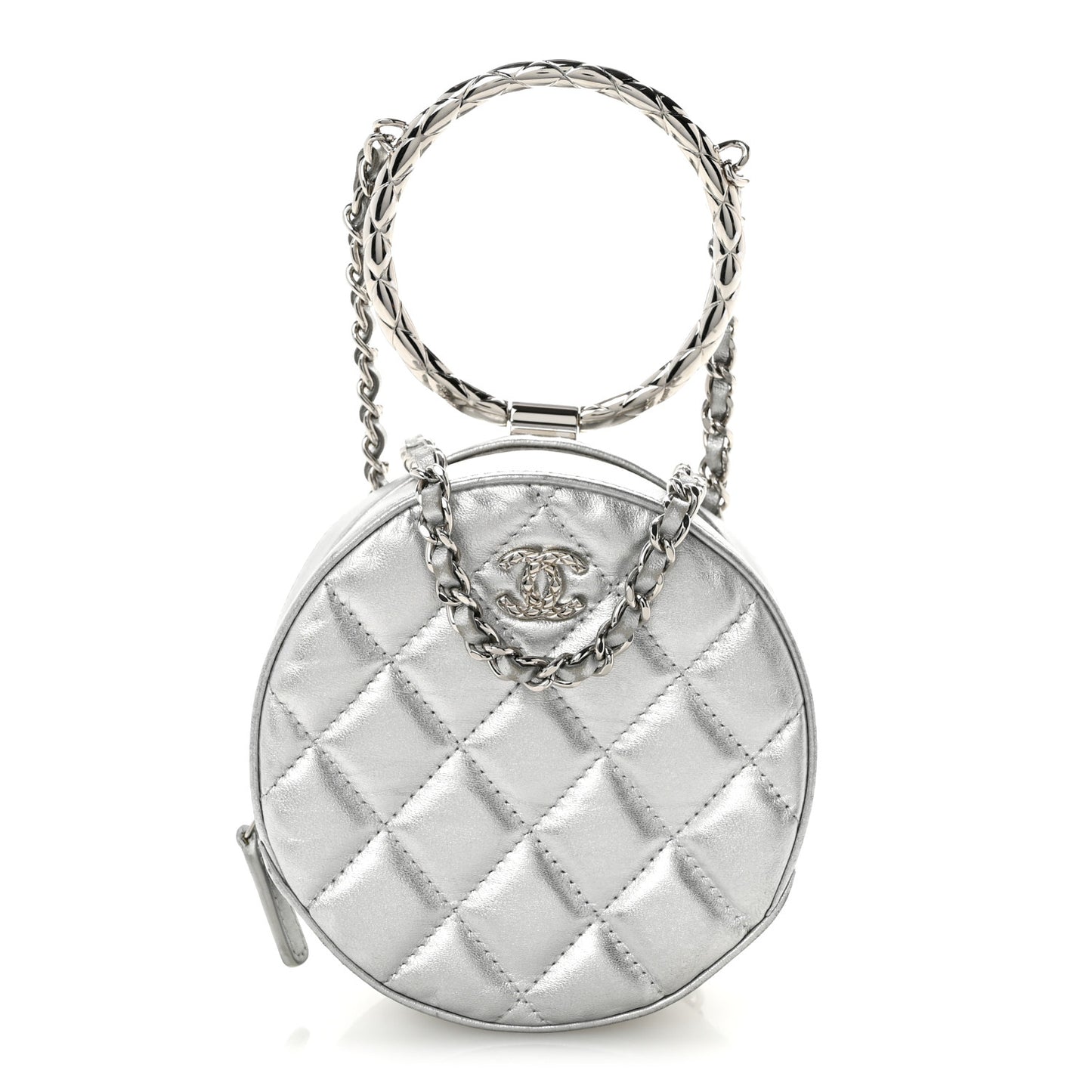 Metallic Calfskin Quilted Round Bracelet Clutch With Chain Silver
