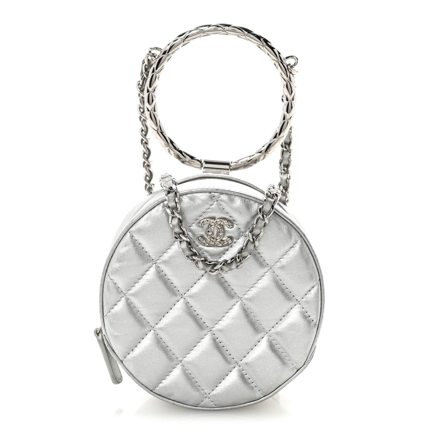 Chanel Metallic Calfskin Quilted Round Bracelet Clutch With Chain Silver 1 of 12