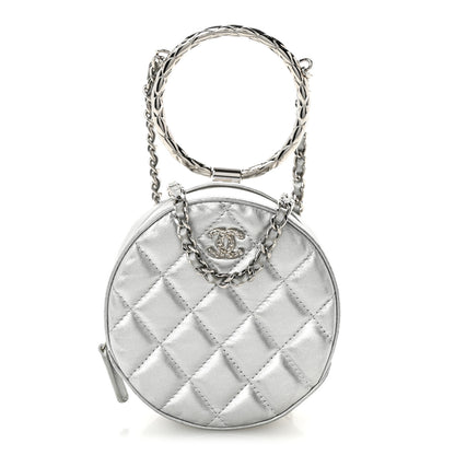 Chanel Metallic Calfskin Quilted Round Bracelet Clutch With Chain Silver 1 of 12