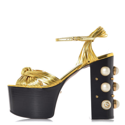 Gucci Malaga Kid Pearl Knot Platform Sandals 36 Black Gold 1 of 10