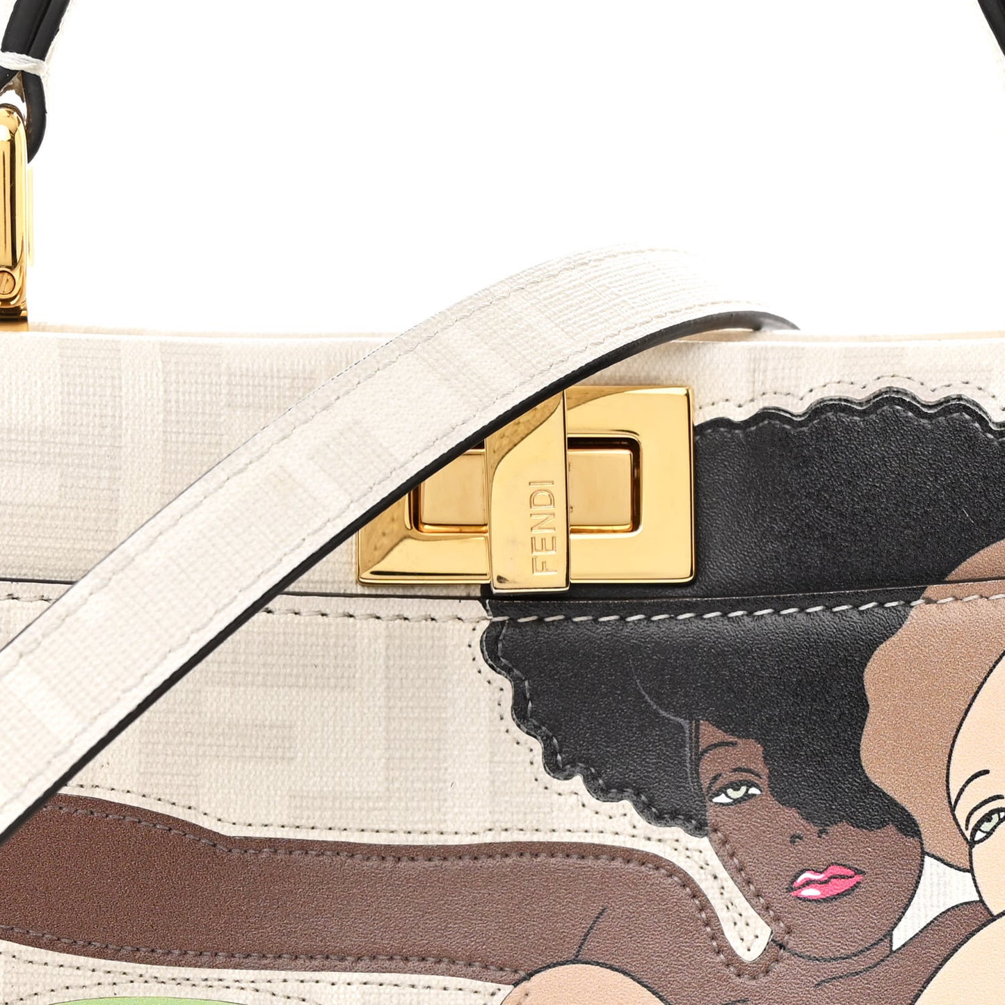 Glazed Fabric Nappa FF Disco Girls Inlay Mini Peekaboo Iconic Satchel Bianco Perla Multicolor