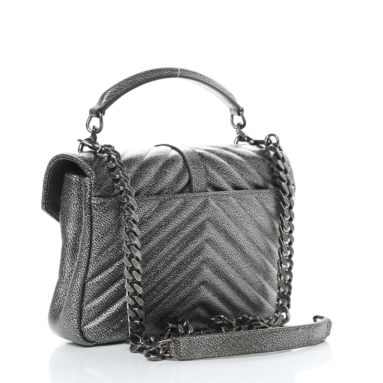 Saint Laurent Metallic Grain De Poudre Matelasse Chevron Monogram Medium College Bag Gunmetal 3 of 12
