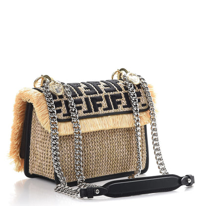 Fendi Raffia Vitello Century F is Fendi FF Embroidered Fringe Small Kan I Shoulder Bag Natural Black 3 of 7