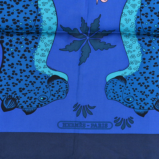 Silk Les Leopards Scarf 90 Marine Bleu Roy Turquoise
