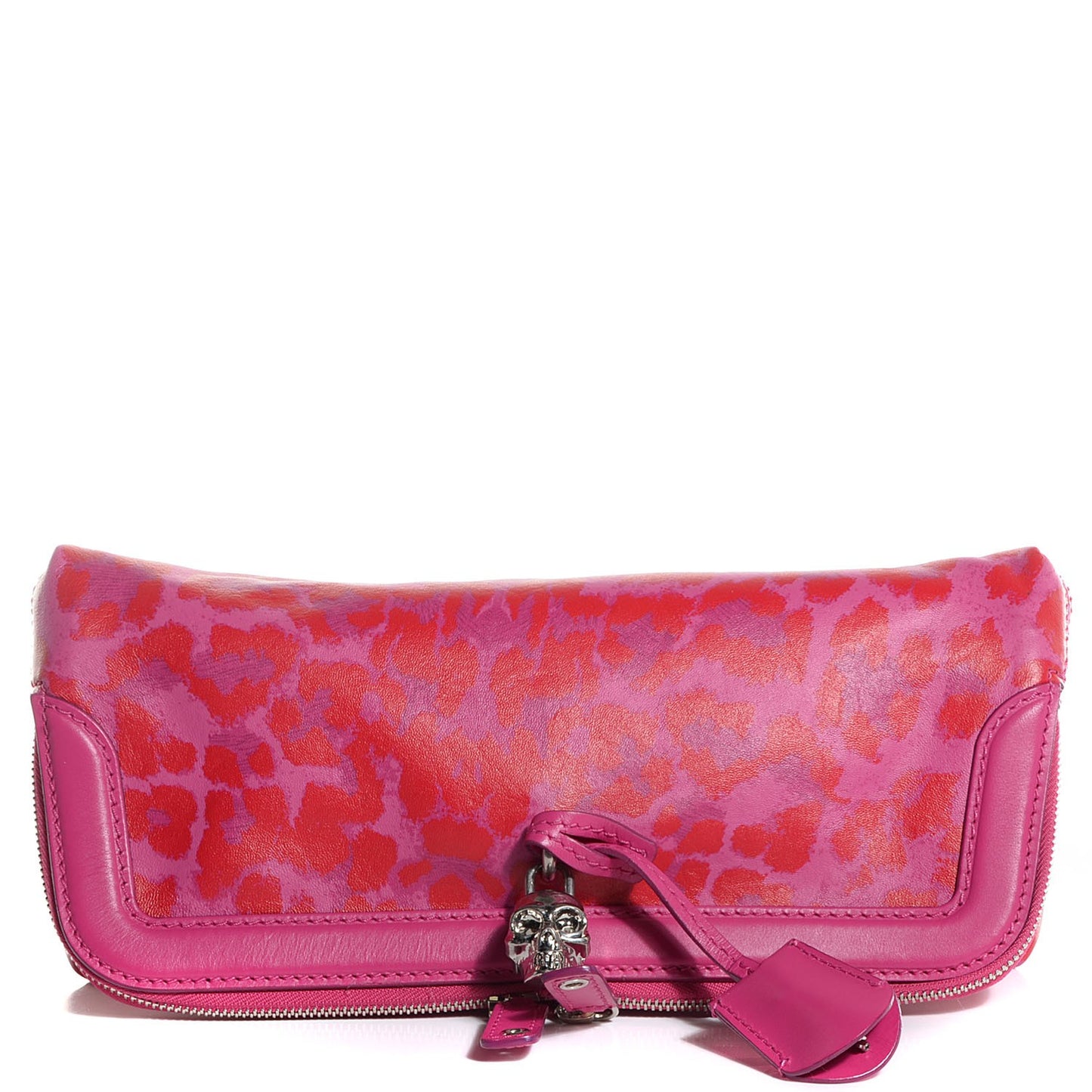 Leather Printed Leopard Padlock Skull Clutch Pink