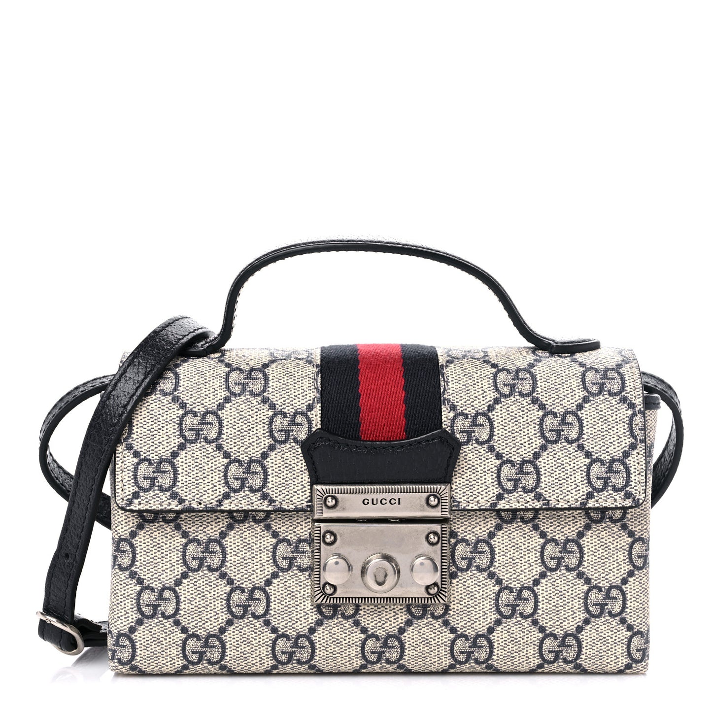 GG Supreme Monogram Textured Dollar Calfskin Web Mini Padlock Top Handle Shoulder Bag Beige Blue