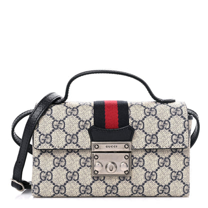 Gucci GG Supreme Monogram Textured Dollar Calfskin Web Mini Padlock Top Handle Shoulder Bag Beige Blue 1 of 10