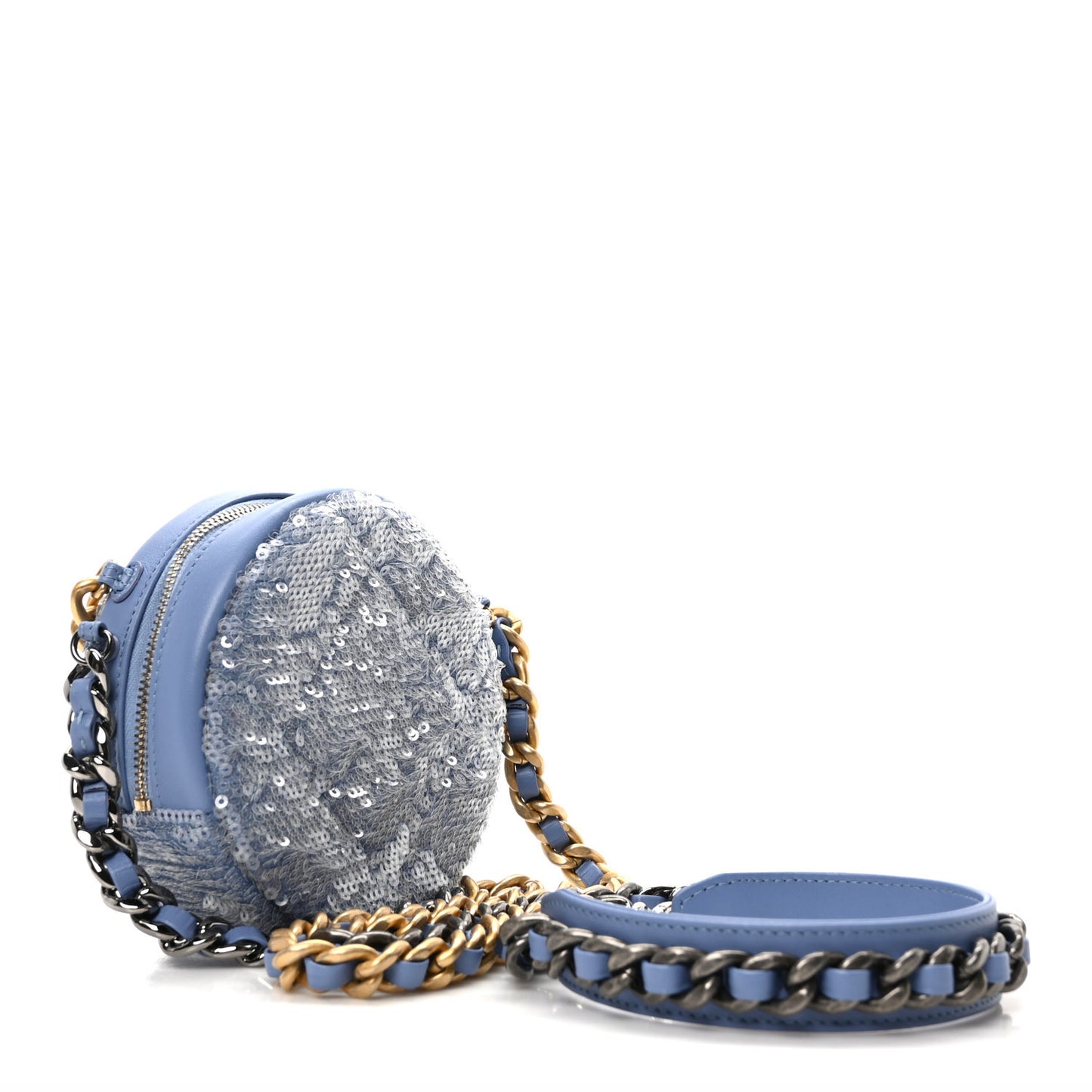 Sequin Chanel 19 Round Clutch With Chain Light Blue