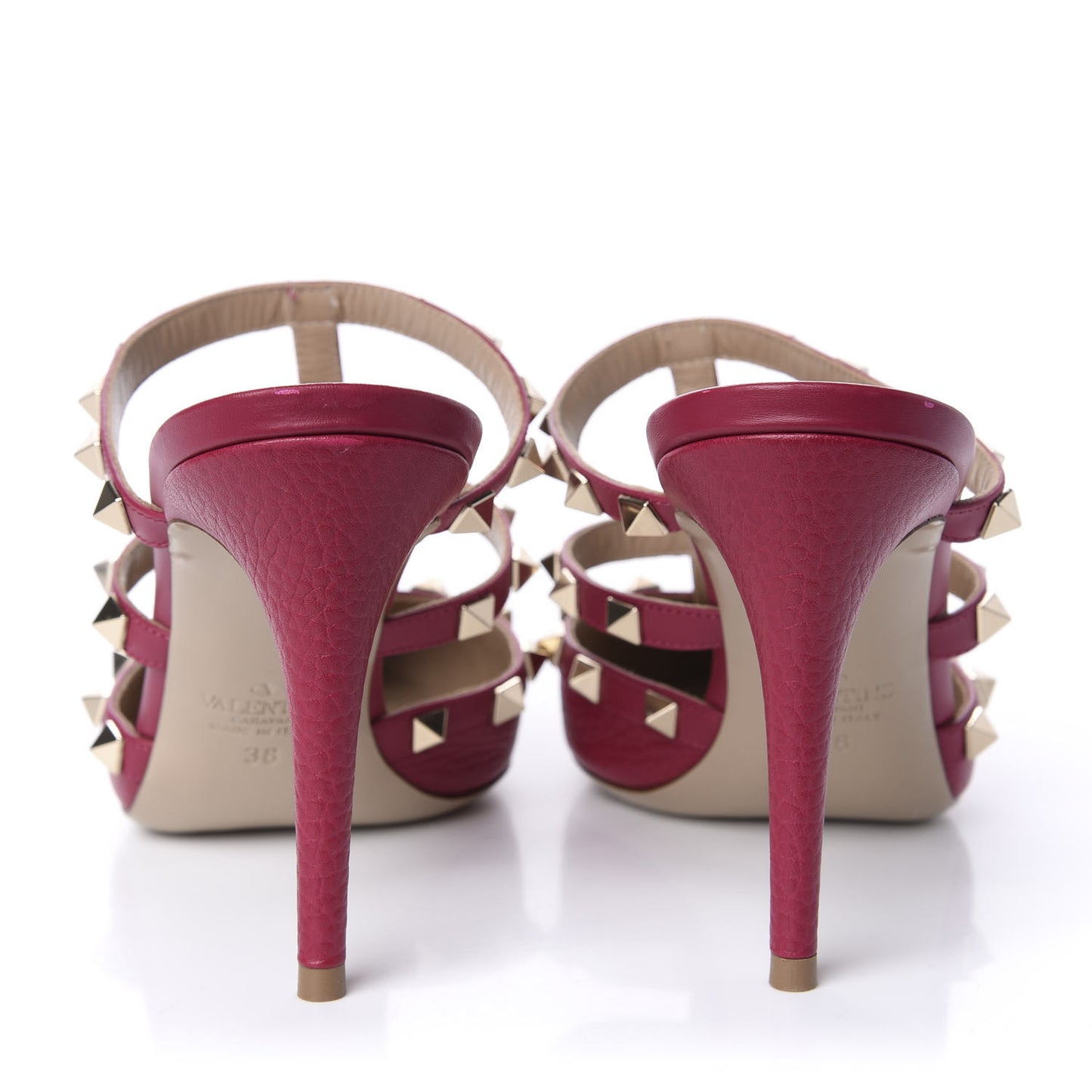 Pebbled Calfskin Rockstud 90mm Cage Mules 38 Raspberry