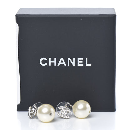 Chanel Crystal Pearl CC Drop Earrings Silver Pearly White 5 of 5