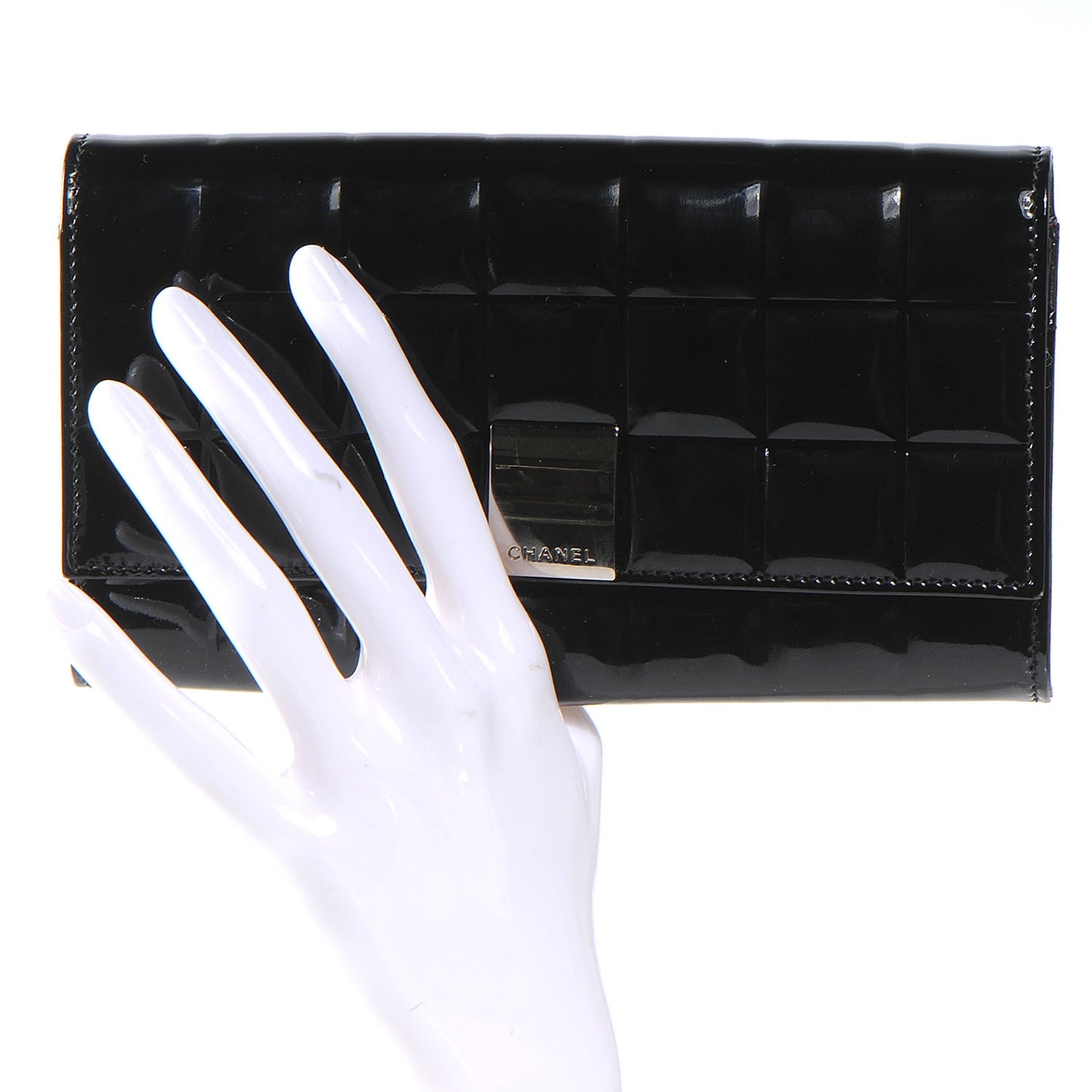 Patent Chocolate Bar Quilted Long Wallet Black