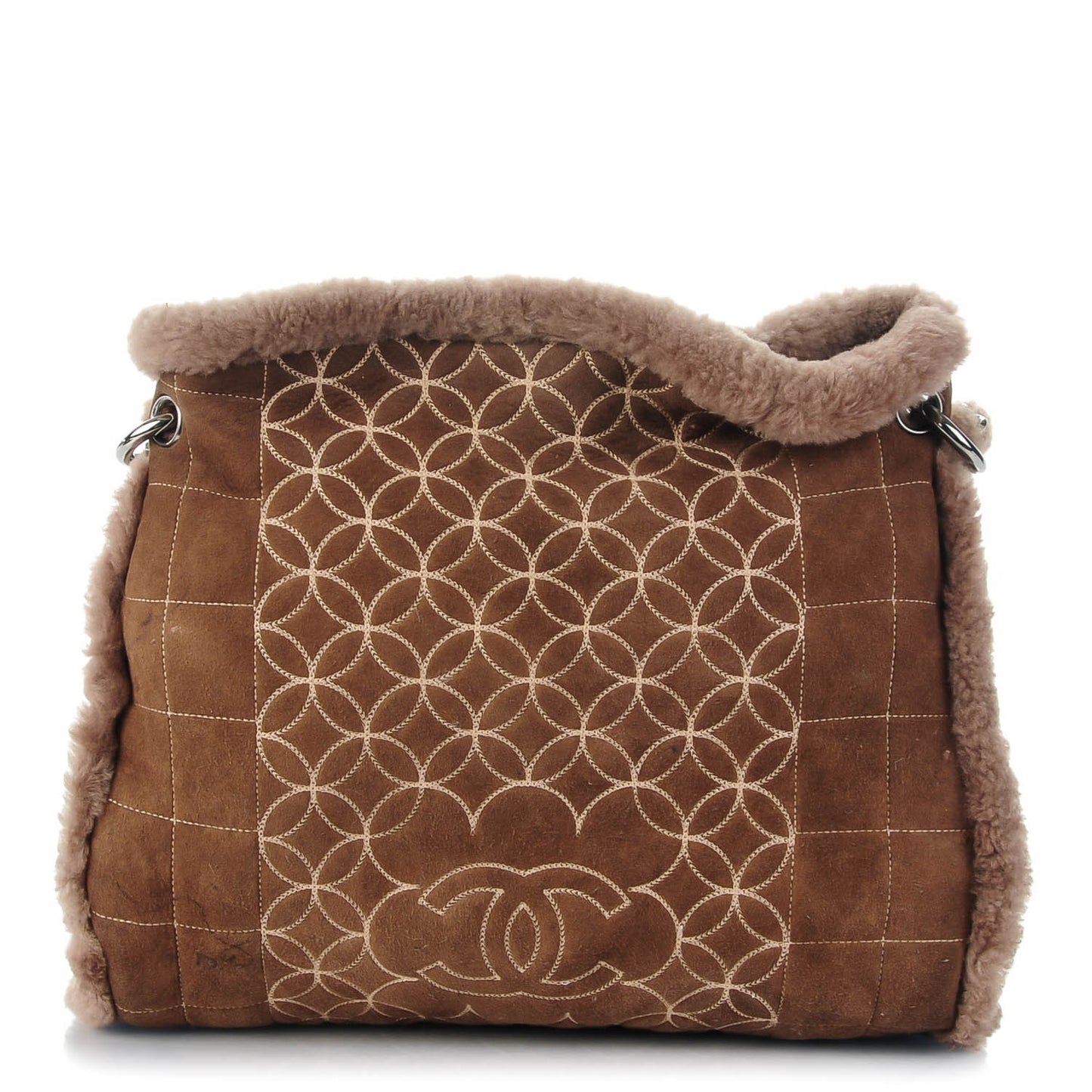 Shearling Suede Stiched CC Tote Dark Brown