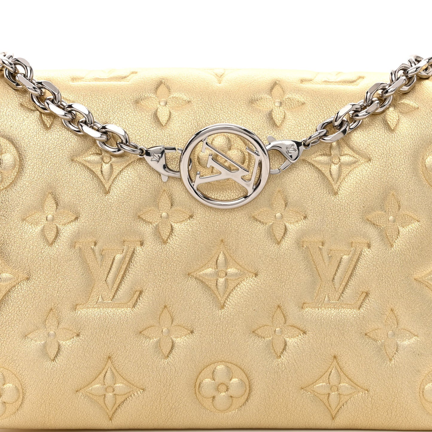 Metallic Lambskin Embossed Monogram Pochette Coussin Gold