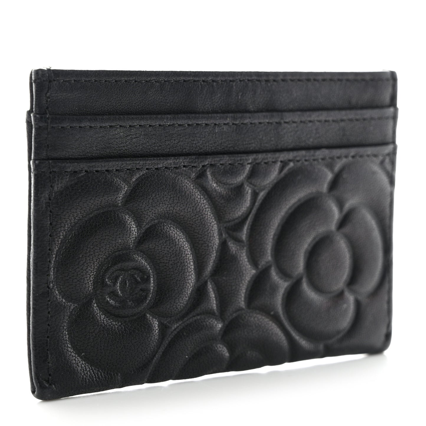 Lambskin Camellia Embossed Card Holder Black