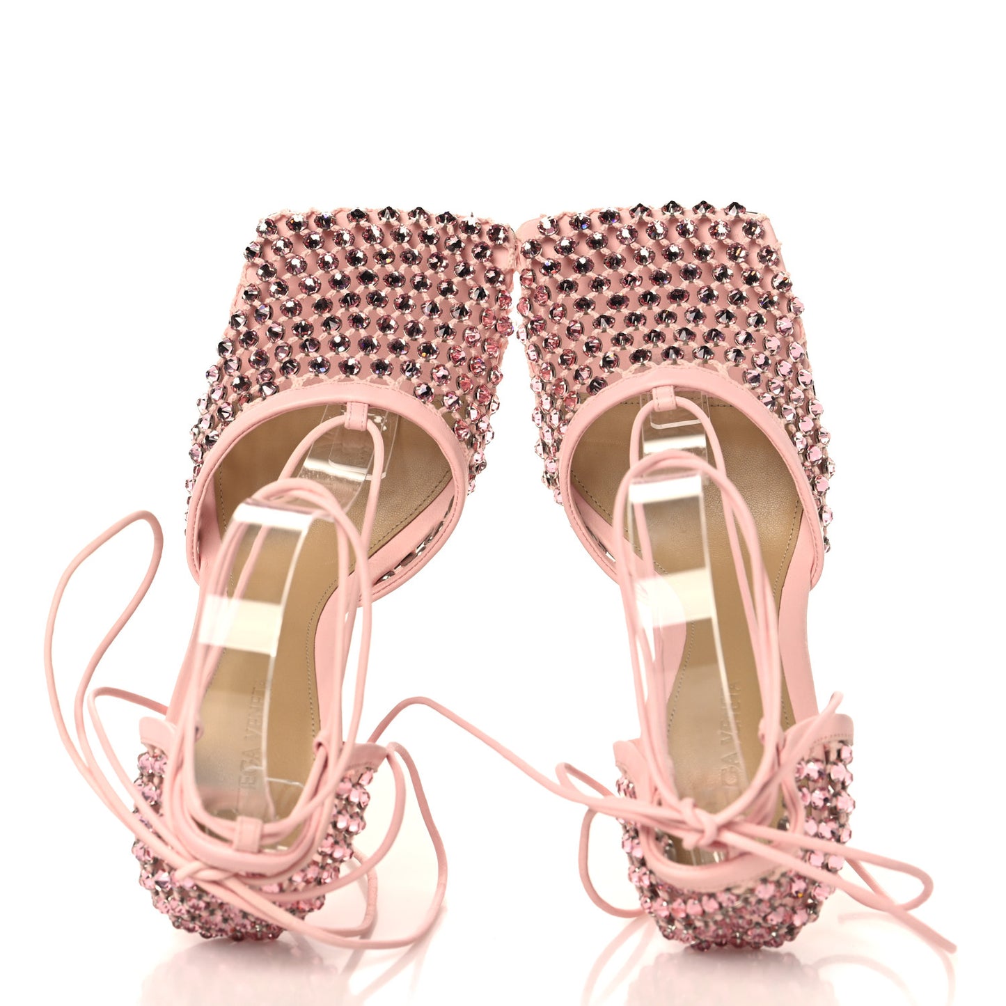 Mesh Nappa Crystal Embellished Sparkle Stretch Ankle Tie 90mm Sandals 38 Camellia