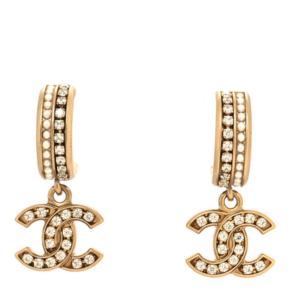 Chanel Crystal Pearl CC Hoop Drop Earrings Gold 1 of 4