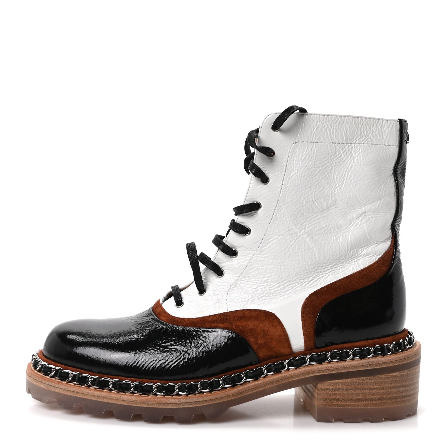 Patent Suede Lace Up Chain Boots 37 White Light Brown Black