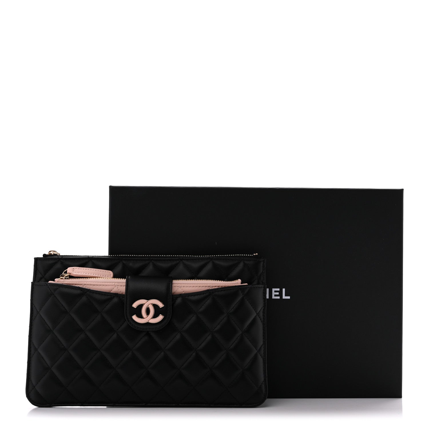 Chanel Lambskin Quilted Sunset Boulevard Pouch Case Black Pink 9 of 9