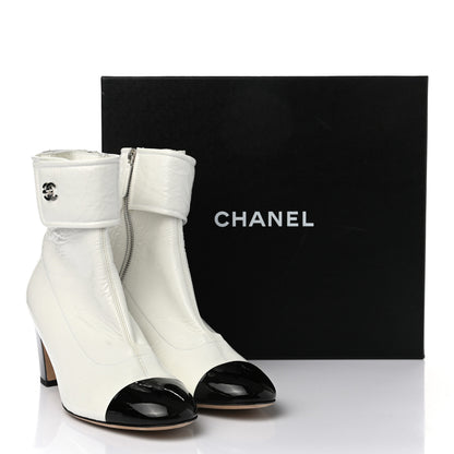 Chanel Distressed Patent Cap Toe CC Turnlock Ankle Boots 40.5 White Black 11 of 11