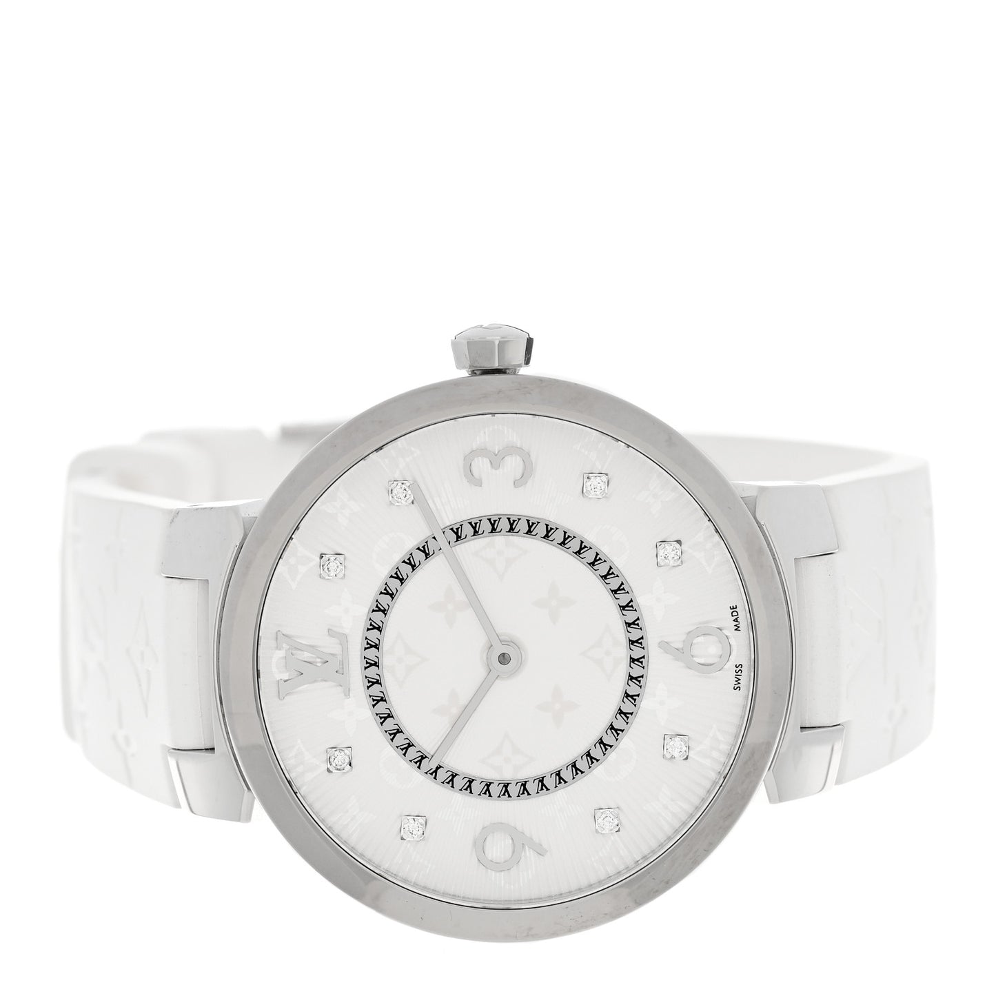 Stainless Steel Rubber Diamond 33mm Tambour Slim Quartz Watch White