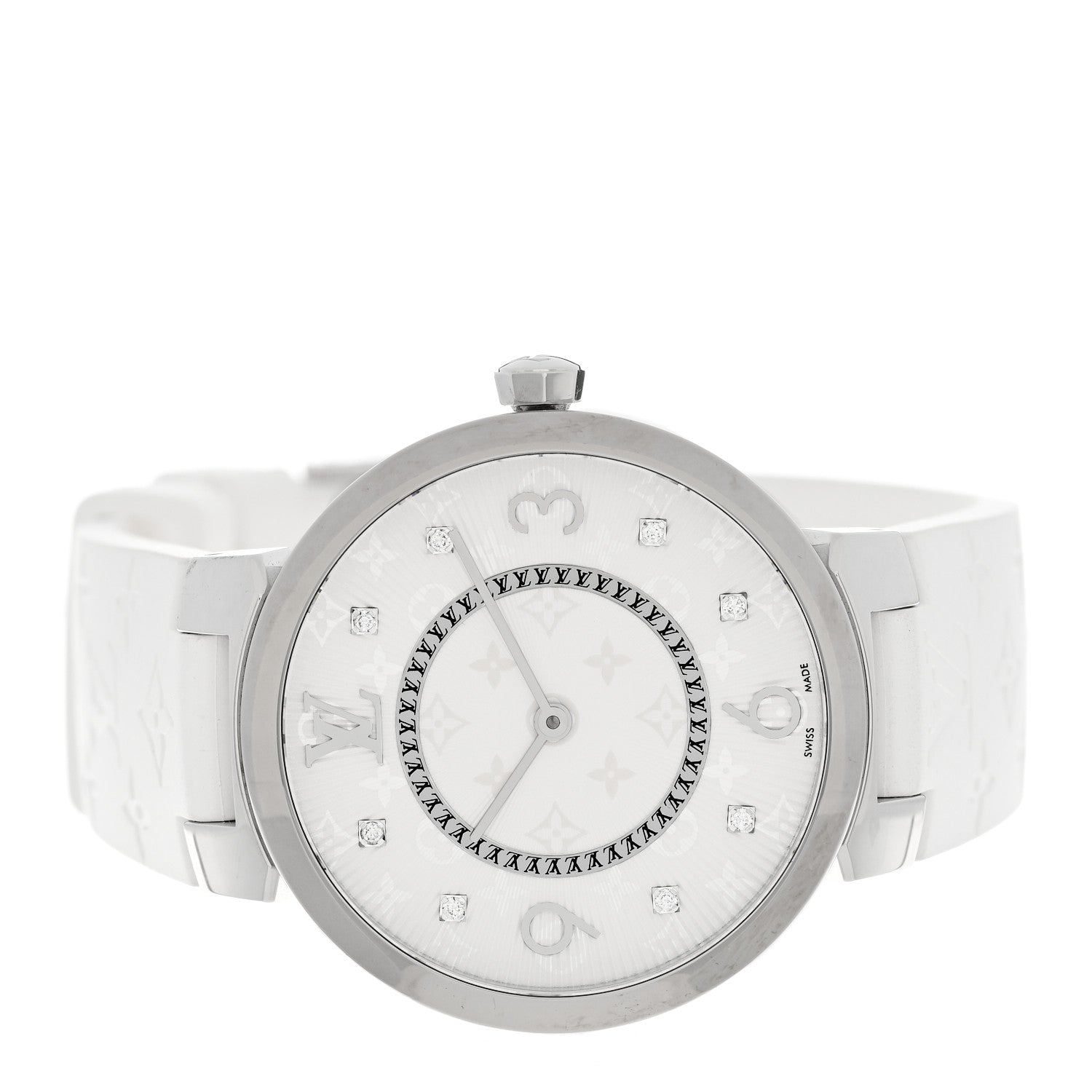 Louis Vuitton Stainless Steel Rubber Diamond 33mm Tambour Slim Quartz Watch White 2 of 5