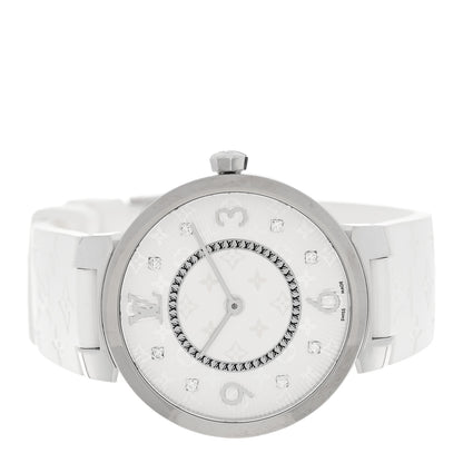 Louis Vuitton Stainless Steel Rubber Diamond 33mm Tambour Slim Quartz Watch White 2 of 5