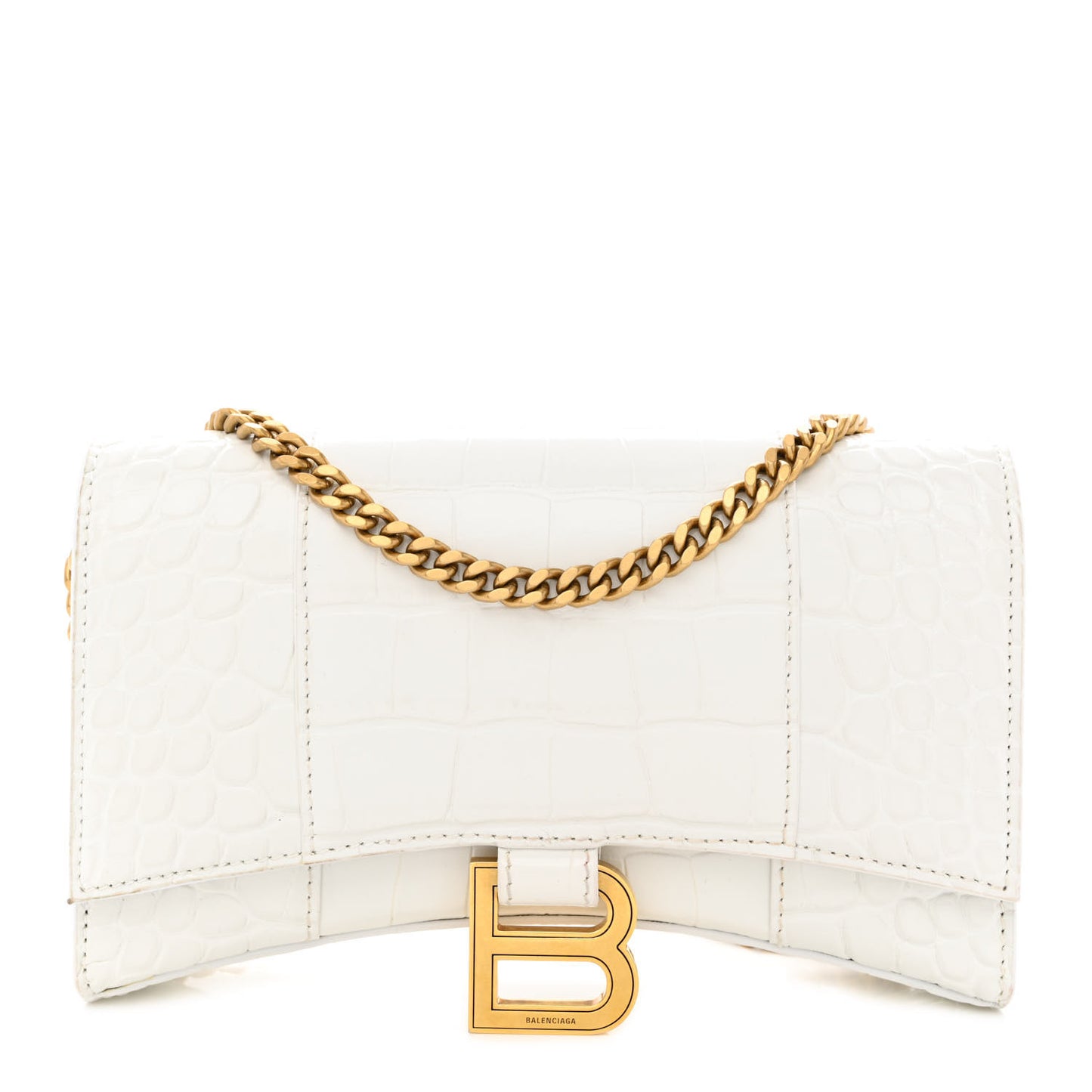 Shiny Calfskin Crocodile Embossed Hourglass Chain Bag White