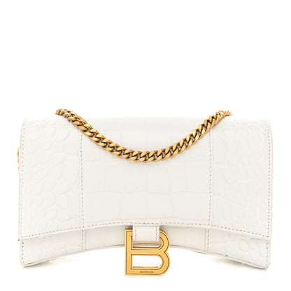 Balenciaga Shiny Calfskin Crocodile Embossed Hourglass Chain Bag White 1 of 9