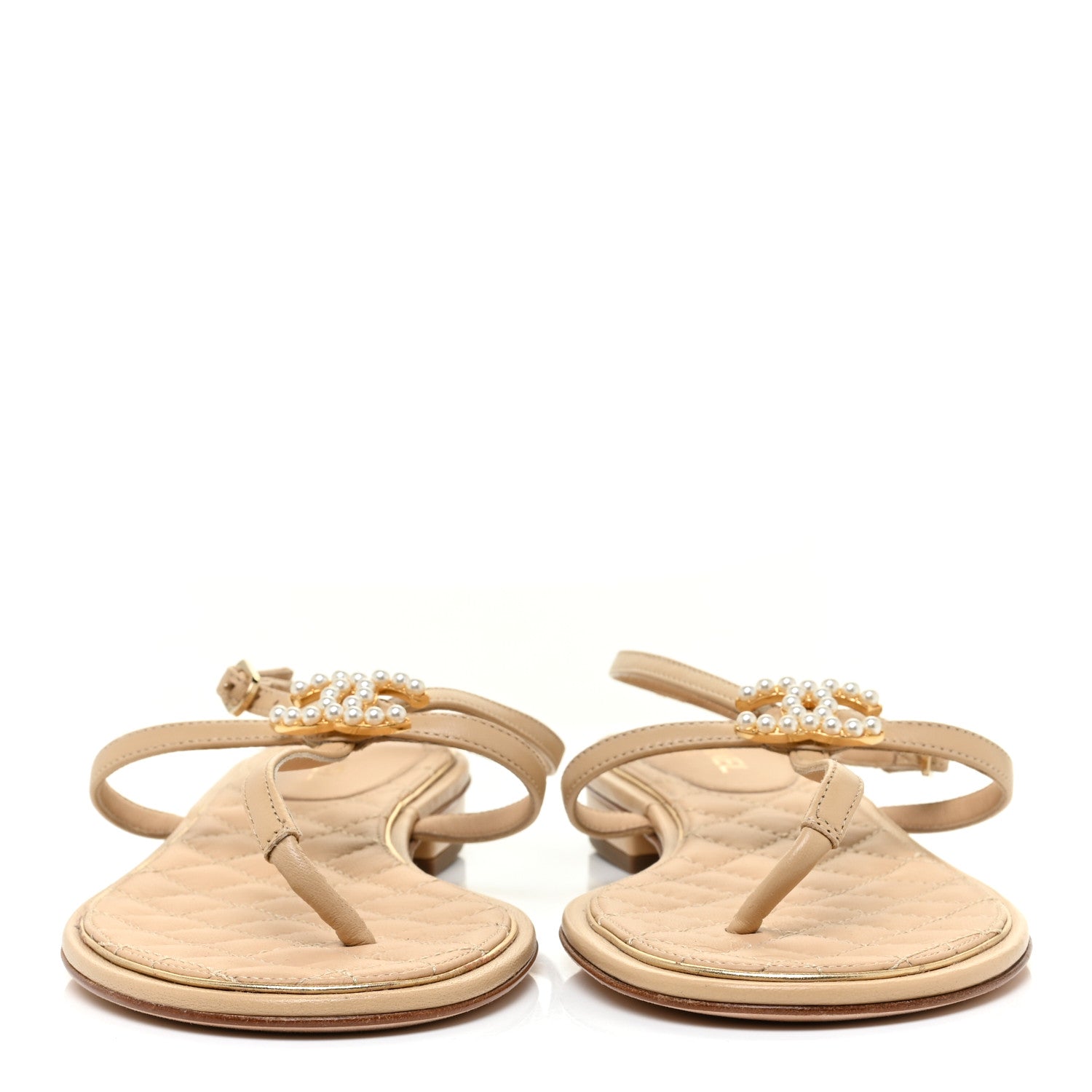Chanel Lambskin Quilted Pearl CC Thong Sandals 37 Beige 2 of 9