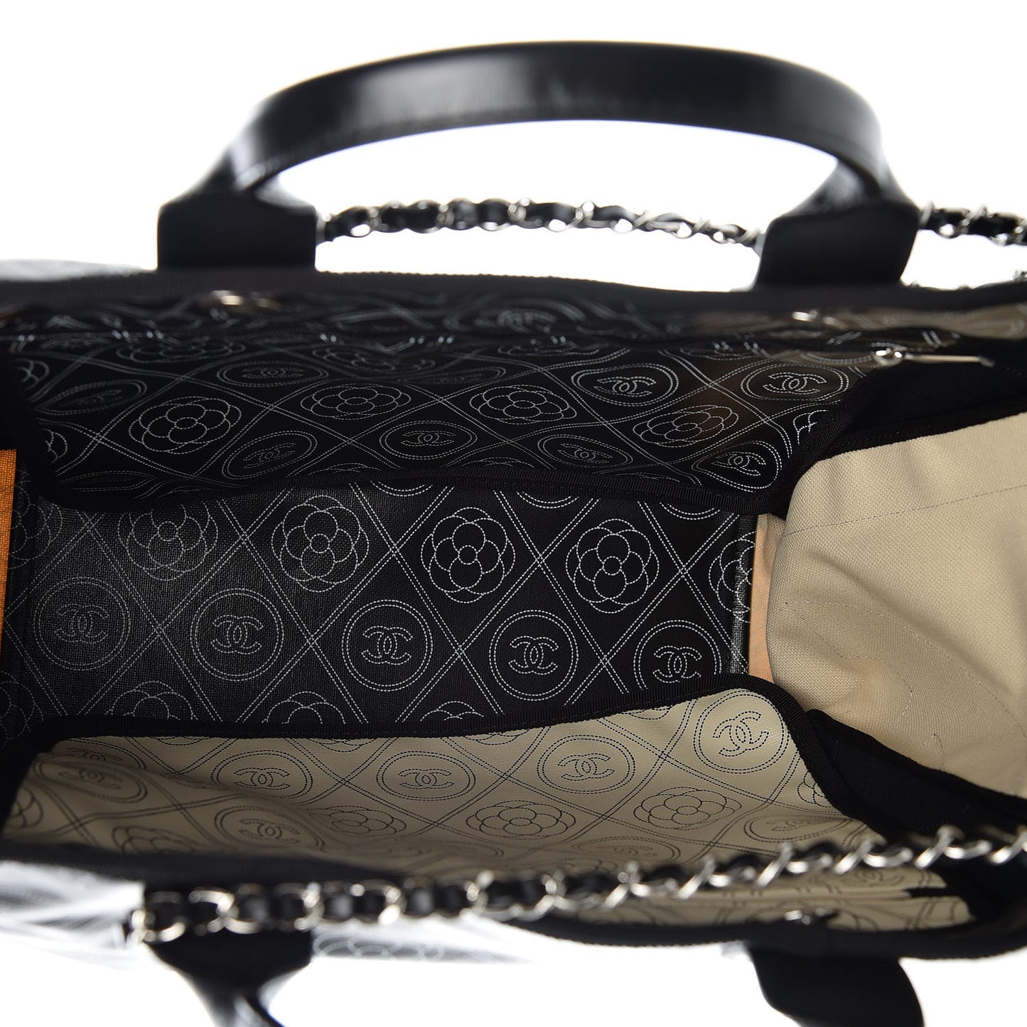 Coated Canvas Camellia Medium Shopping Tote Black Beige