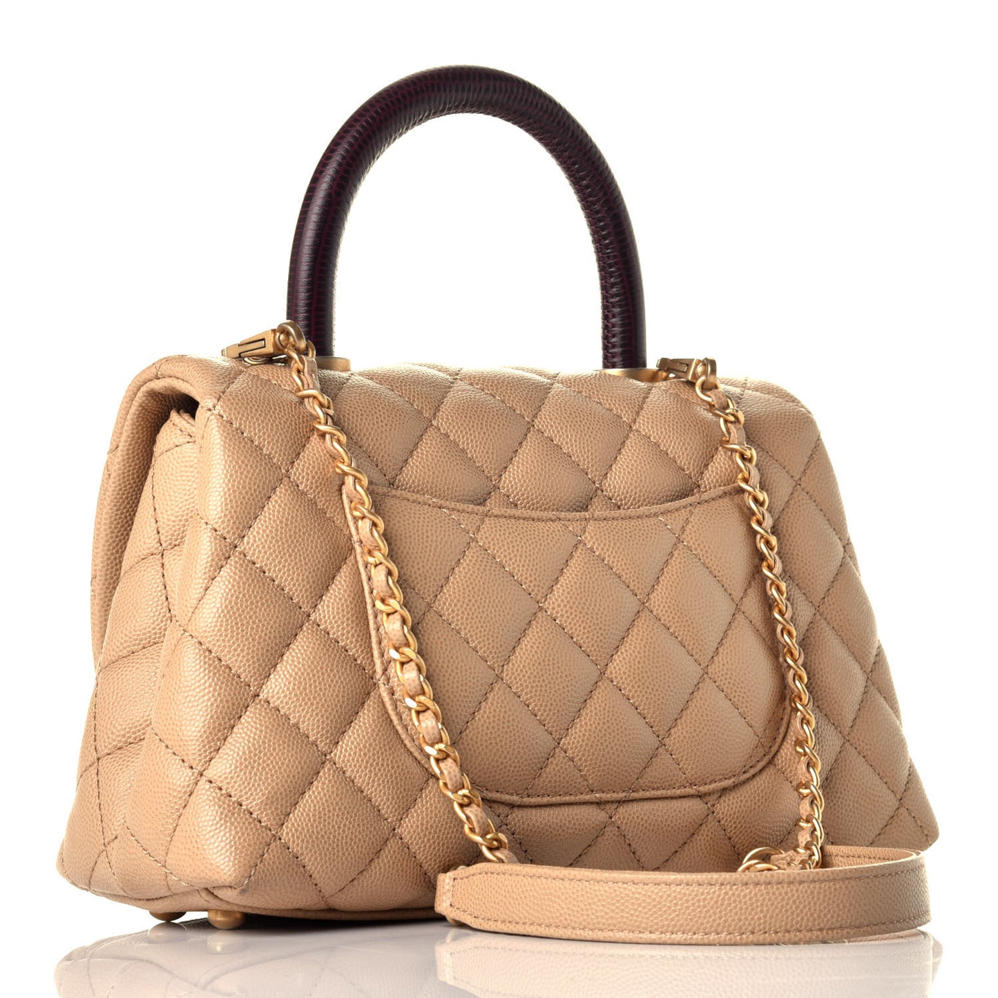 Caviar Lizard Embossed Quilted Mini Coco Handle Flap Beige