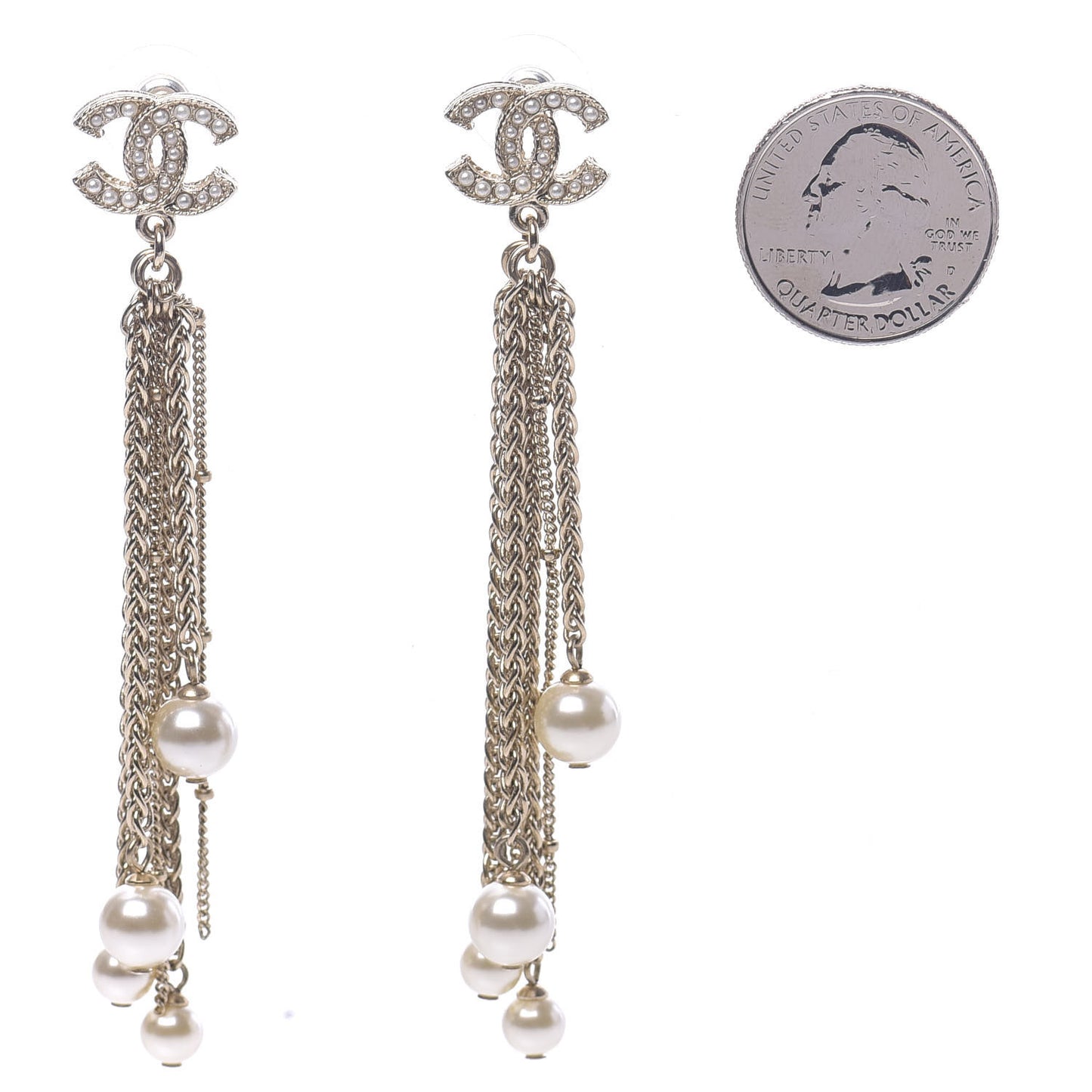 Glass Pearl CC Long Drop Earrings Gold