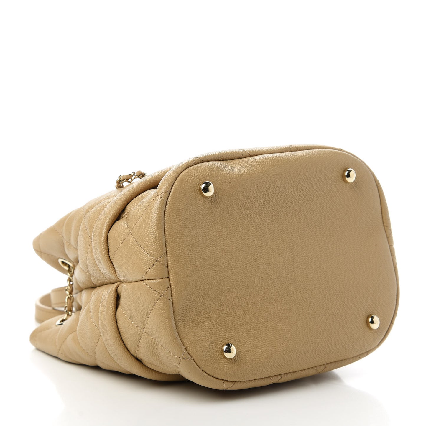 Caviar Quilted Rolled Up Bucket Drawstring Bag Beige Clair