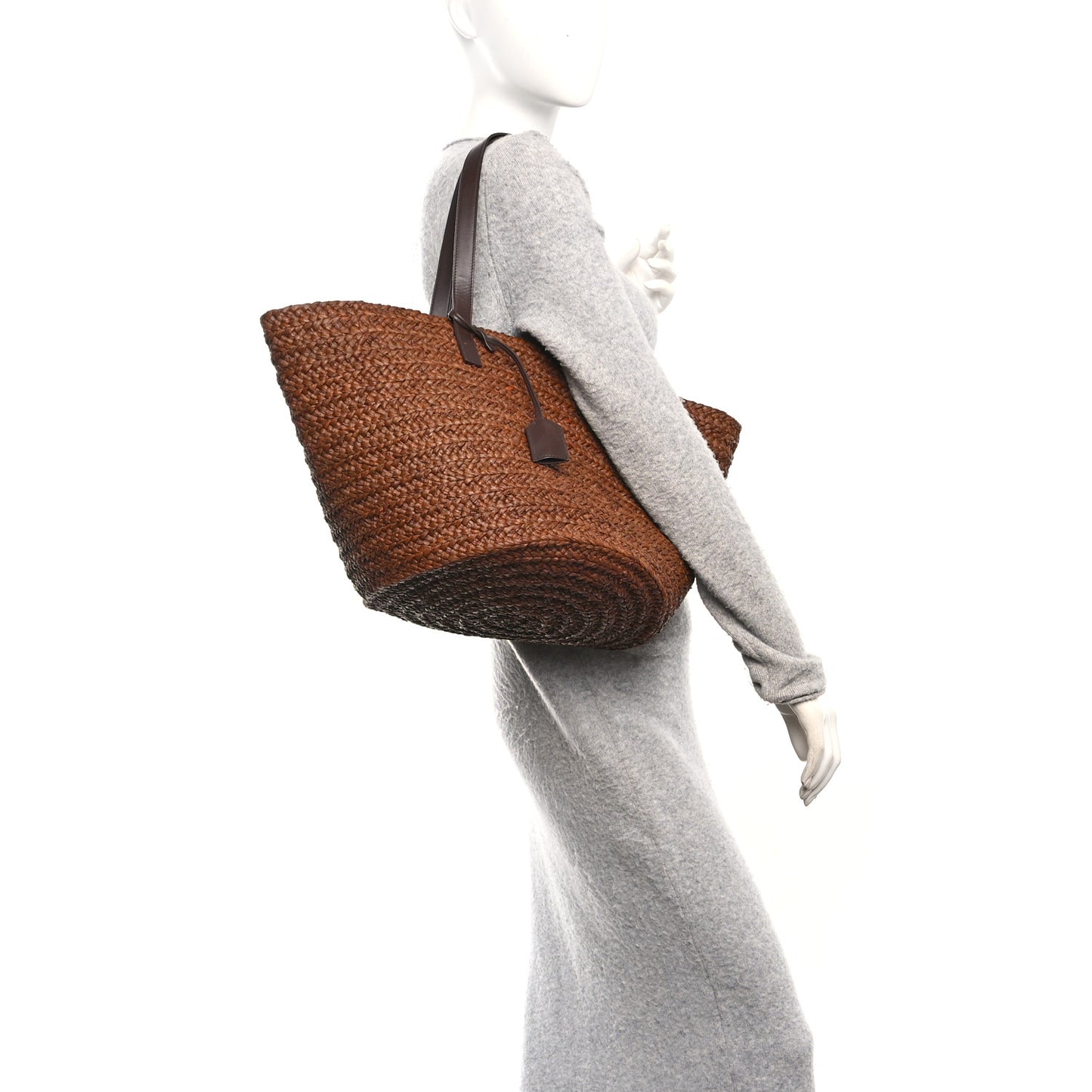 Raffia Calfskin Medium Panier Tote Dark Chocolate