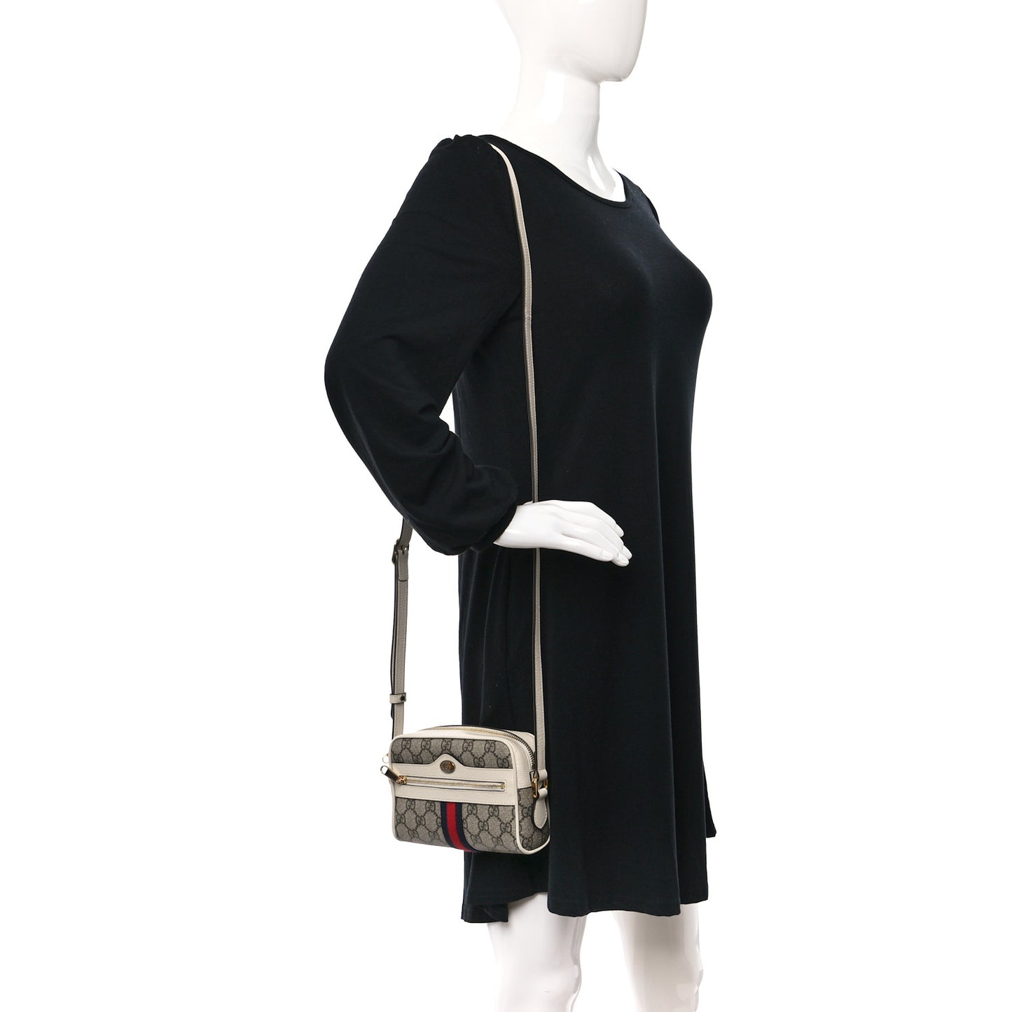 GG Supreme Monogram Textured Calfskin Web Mini Ophidia Shoulder Bag Beige Ebony Mystic White