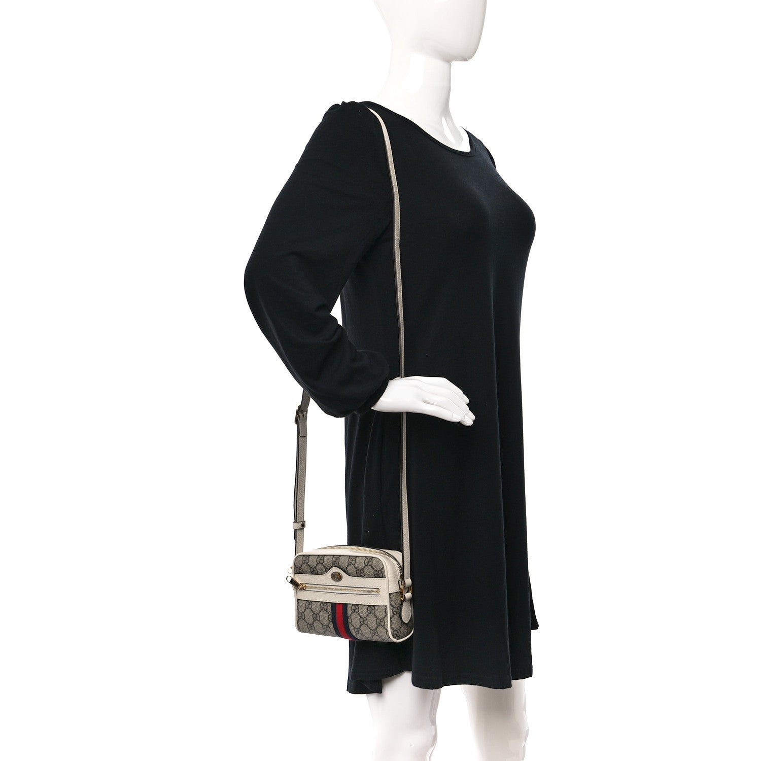 Gucci GG Supreme Monogram Textured Calfskin Web Mini Ophidia Shoulder Bag Beige Ebony Mystic White 2 of 9