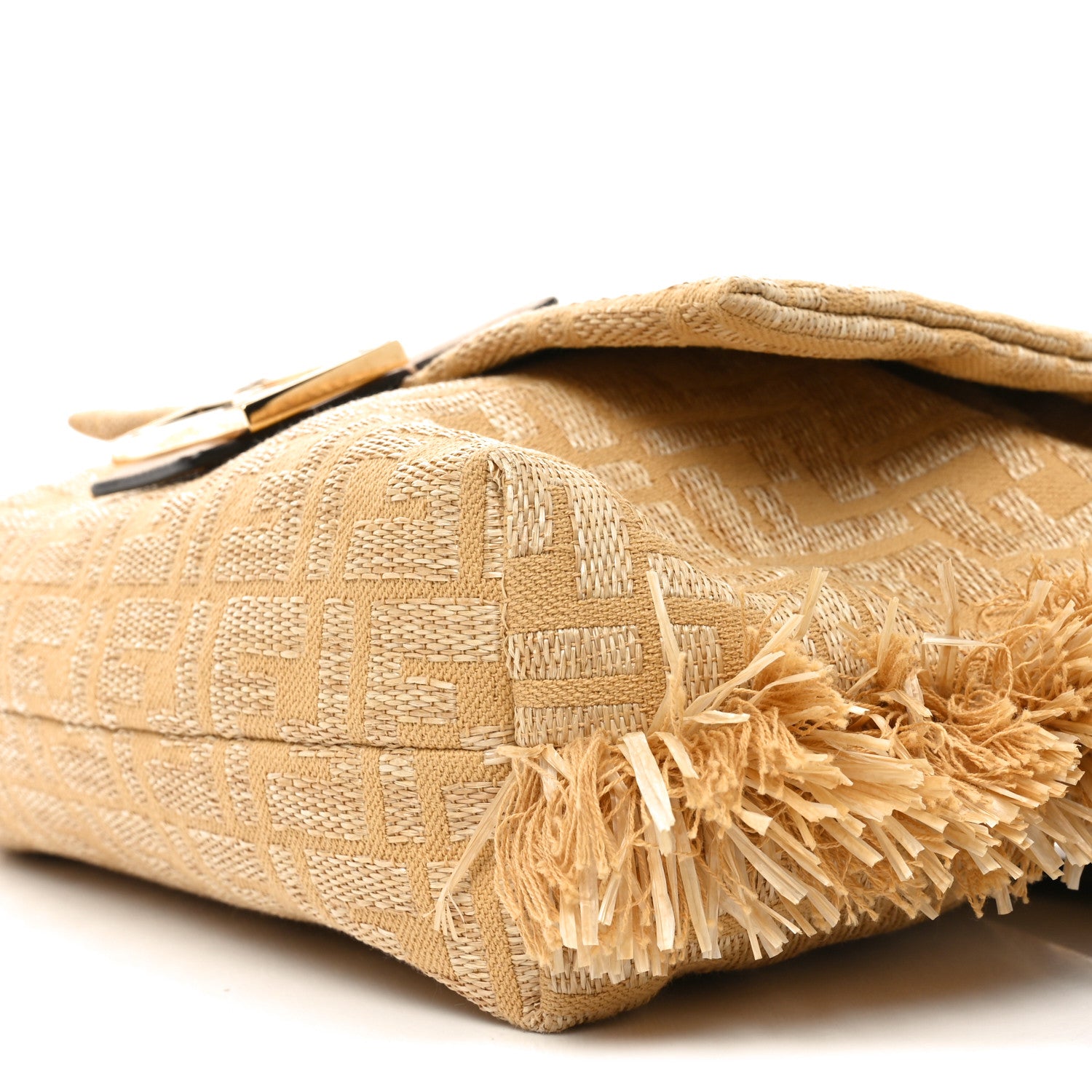 バケハベージュ Fendi Fabric Jacquard Raffia Straw Fringe Medium Mamma Baguette