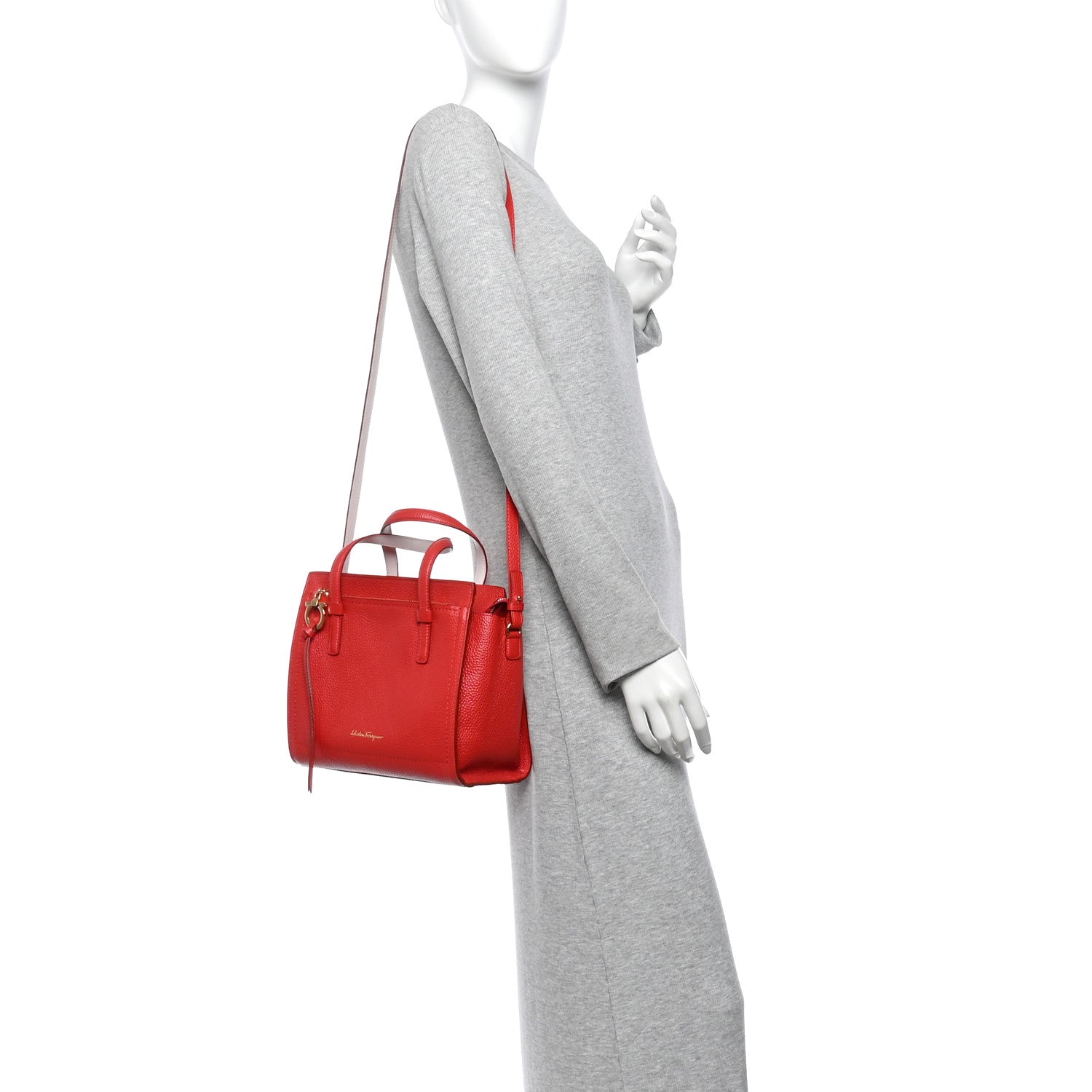 Salvatore Ferragamo Hammered Calfskin Double Handle Small Amy Tote Flame Red Jasmine Flower 2 of 9