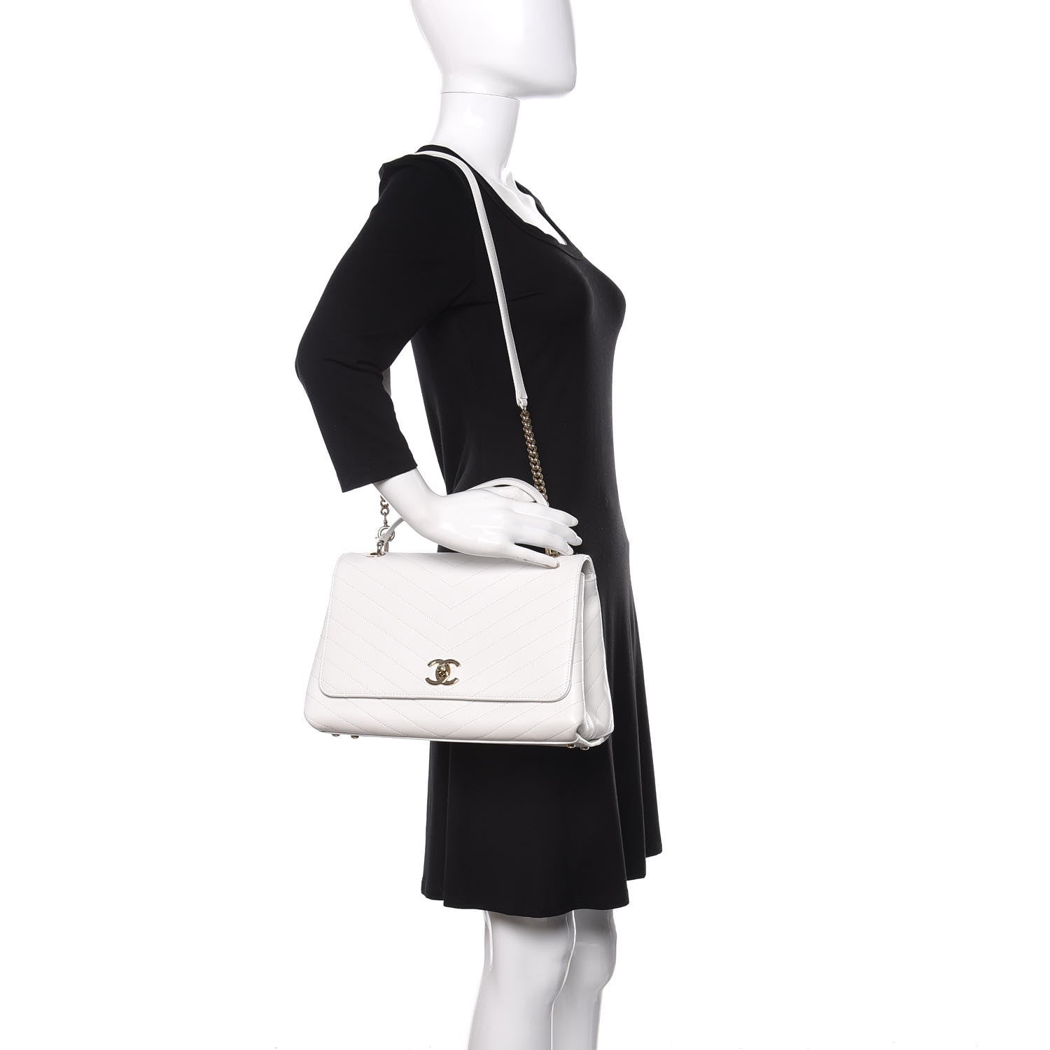 Chanel Grained Calfskin Stitched Medium Chevron Chic Top Handle Flap White 2 of 13